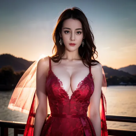 ((Top quality、8K、Masterpiece:1.3))、Extremely delicate beautiful girl，full-body shot，Huge breasts，Bigger breasts，amazing breast size，G cup。Wear big earrings，Very white skin，moist red lips，Very thin waist，Very thin thighs，big ass，fair and smooth skin，Smooth ...