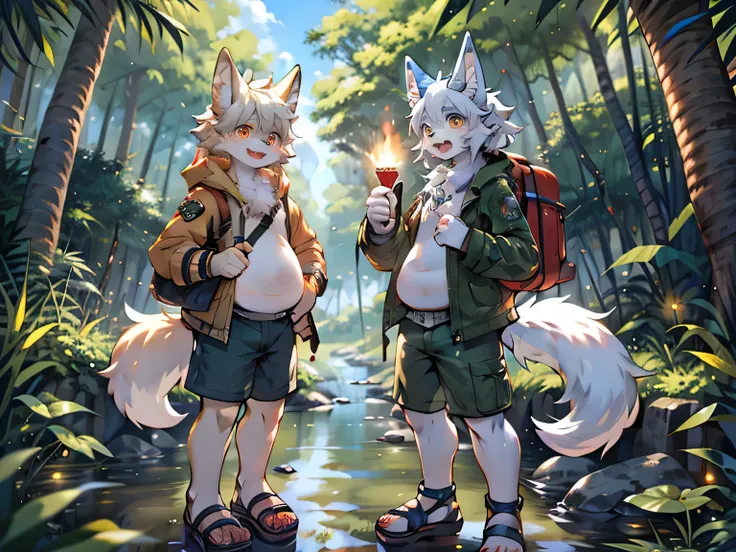 White wolf boy in adventure，Older brother and younger brother，Showing fat round belly，Orange pupils，excited，Rainforest，creek，Grass，Shade，dark，Fruit，sandals，White stockings，Army green shorts and jacket，saber，Backpack，torch，Two wolf boys adventure side by si...