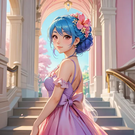 a close up of a woman in a dress standing in front of a staircase, in the style of ross tran, :: rossdraws, ross tran style, rossdraws cartoon vibrant, inspired by Ross Tran, rossdraws pastel vibrant, 🌺 cgsociety, by Ross Tran, digital art on pixiv, rossdr...