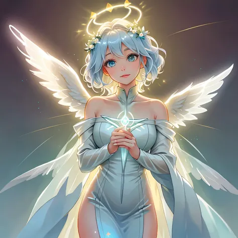 a picture of a glowing angel with a halo on its head, glowing angelic being, ethereal angelic being of light, wings made of light, angelic light, beautiful gothic xray angel, glowing holy aura, white glowing aura, angel spirit guide, tron angel, ethereal!!...