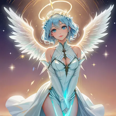 a picture of a glowing angel with a halo on its head, glowing angelic being, ethereal angelic being of light, wings made of light, angelic light, beautiful gothic xray angel, glowing holy aura, white glowing aura, angel spirit guide, tron angel, ethereal!!...