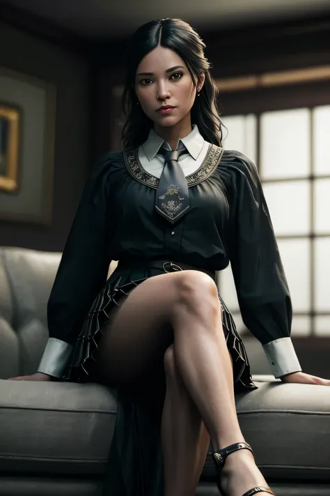 (masterpiece), (extremely intricate:1.3), (realistic), a girl, dark fantasy, (dynamic perspective), the most beautiful in the world, sitting on the couch, (kicking viewers), indoors, from below, shirt, tie, pleated skirt, high-heeled sandals, Kure, Hiroshi...