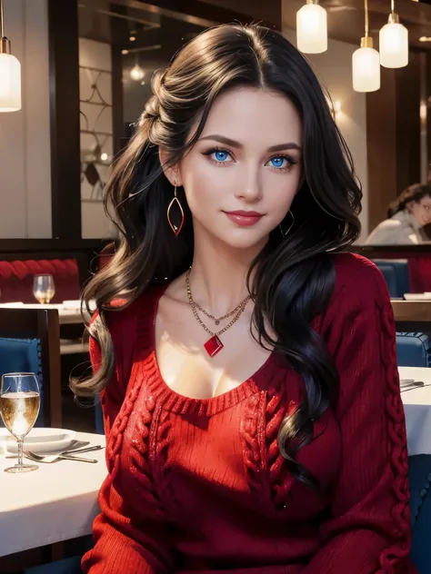 Caucasian woman; black hair, wavy hair, long hair, updo hair; blue eyes, lined eyes, ((highlight blue eyes)), shiny eyes; red lipstick, makeup, smile; athletic body, (medium breasts), nipples; ((red knitted sweater)), red sweater; earrings, necklace, brace...