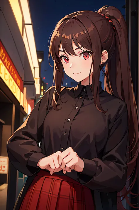 1girl,20y.o,using brown checkered shirt with black trousers,brown hair,mullet haircut,long hair,ponytail hairstyle,light red eyes,night city background,facing forward position with a happy expression