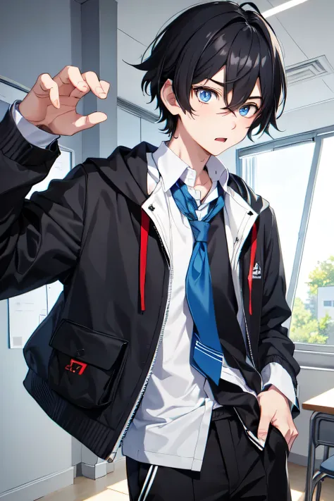 1boy,school outfit,blue eyes,black hair,scared expression,in school background