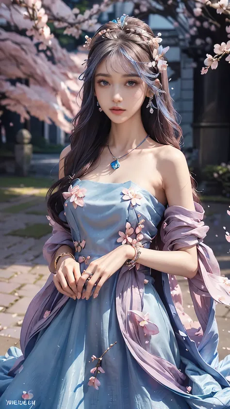 4K, Ultra HD, Masterpiece, 1 girl, good face, detailed eyes, very long hair, princess dress, blue dress, (wearing jwellery:1.8), (cherry blossom:1.5), (bloom effect:1.5), Detailed Fantasy Art, Stunning Character Art, beautiful Exquisite Character Art, Beau...