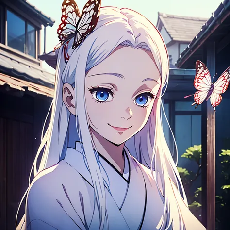 (1 girl), White hair, (long straight hair), beautiful girl, blue eyes, white kimono, face focus, closed mouth , outside, red cheek, (shy smile), day time, half-up, half-down hairstyle, one butterfly hair pin, 