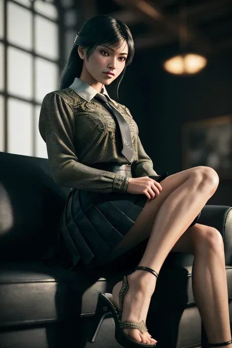 (masterpiece), (extremely intricate:1.3), (realistic), portrait of a girl, dark fantasy, (dynamic perspective), the most beautiful in the world, sitting on the couch, (kicking viewers), indoors, from below, shirt, tie, pleated skirt, high-heeled sandals, A...