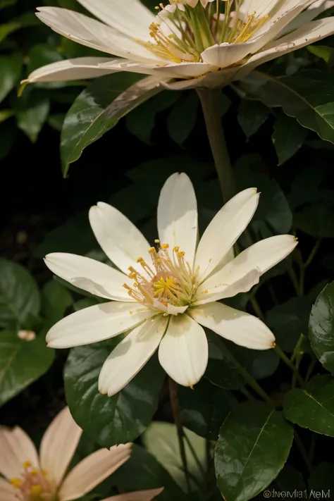 The image depicts a serene and vibrant outdoor scene. In the foreground, a delicate white flower is in bloom, its petals contrasting beautifully with the lush green foliage surrounding it. The flower appears to be a jasmine or a similar fragrant blossom, a...