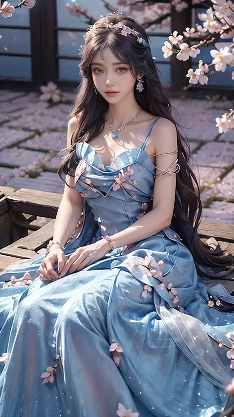 4K, Ultra HD, Masterpiece, 1 girl, good face, detailed eyes, very long hair, princess dress, blue dress, (wearing jwellery:1.8), (cherry blossom:1.5), (bloom effect:1.5), Detailed Fantasy Art, Stunning Character Art, beautiful Exquisite Character Art, Beau...