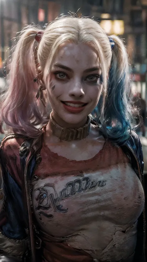 harley quinn\, (margot robbie\), portrait of margot robbie with harley quinn clown makeup, wearing a closed black and red clown ...