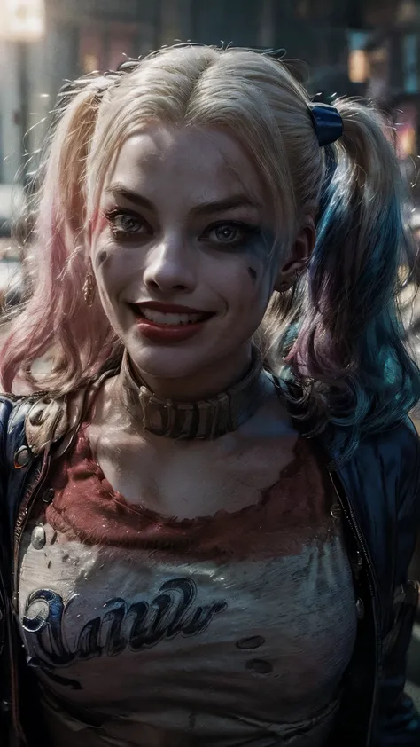 harley quinn\, (margot robbie\), portrait of margot robbie with harley quinn clown makeup, wearing a closed black and red clown ...