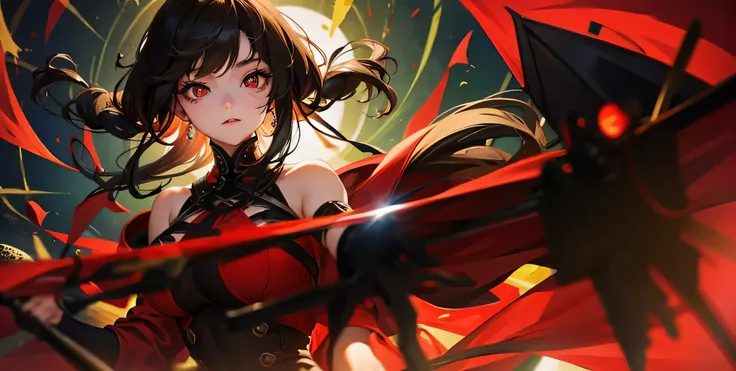 (perfect anatomy, masterpiece:1.4, best quality, 16k, beautiful detailed grow), break, ((Shoots a huge beam from the palm of own hand)) (solo straight black hair long hair femdom cute girl, ((18 yo)), detailed red eyes, soft smile), (in a Summer red dress)...