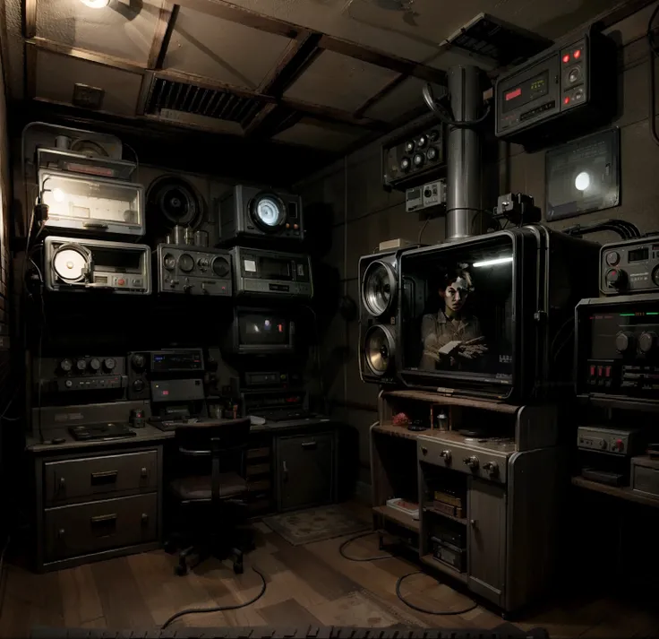 1950's dark control room with only screen and button lights(There is no light on the ceiling)