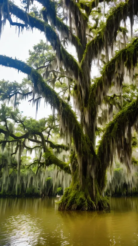 Dead tree in a swamp covered with Spanish moss.