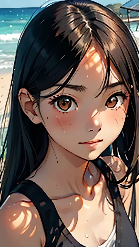 highest quality、Realistic、Japanese、Women、cute、Orange eyes、long hair、Black Hair、all back、Forehead is coming out、Strong winds、Ocean、Midsummer、Strong sunlight、Sweat、Sunburned skin、orange tank top、joy、Grinning、face close up、Small breasts、slender