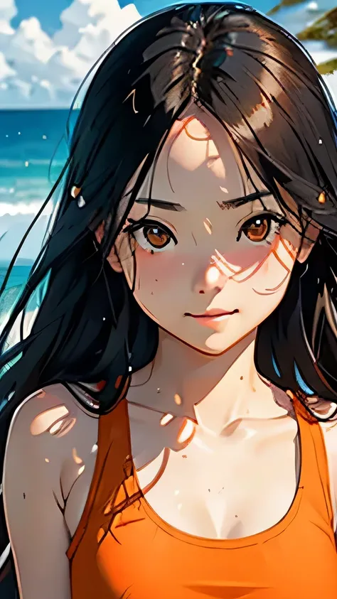 highest quality、Realistic、Japanese、Women、cute、Orange eyes、long hair、Black Hair、all back、Forehead is coming out、Strong winds、Ocean、Midsummer、Strong sunlight、Sweat、Sunburned skin、orange tank top、joy、Grinning、face close up、Small breasts、slender