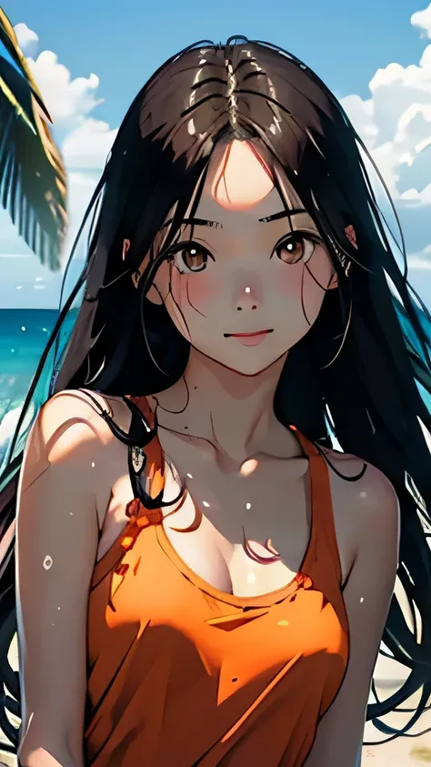 highest quality、Realistic、Japanese、Women、cute、Orange eyes、long hair、Black Hair、all back、Forehead is coming out、Strong winds、Ocean、Midsummer、Strong sunlight、Sweat、Sunburned skin、orange tank top、joy、Grinning、face close up、Small breasts、slender