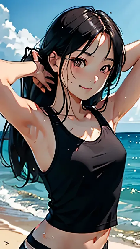 highest quality、Realistic、Japanese、Women、cute、Orange eyes、long hair、Black Hair、all back、Forehead is coming out、Strong winds、Ocean、Midsummer、Strong sunlight、Sweat、Sunburned skin、black tank top、joy、Grinning、face close up、Stretch a lot、Raise your arms、Small b...