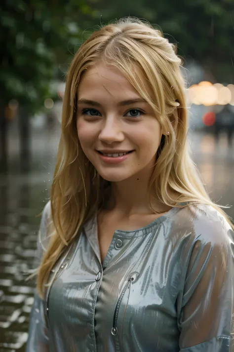 blonde girl in rain smile