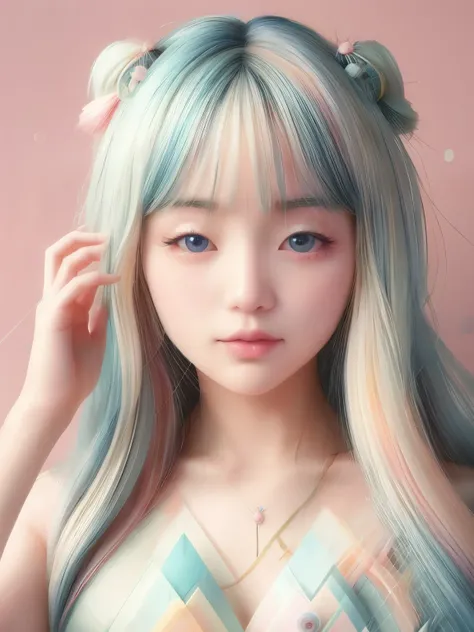 hyper-realistic portrait of a japanese girl with an abstract pastel theme, soft and delicate colors, intricate and detailed comp...