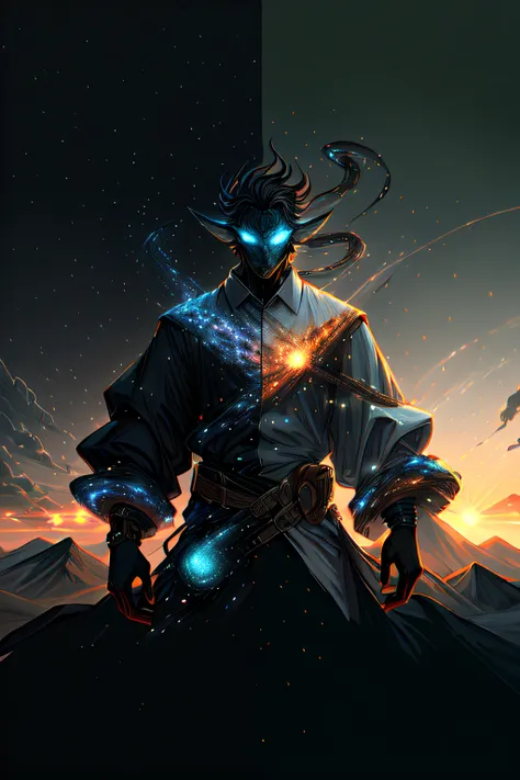 a man with a glowing head and a sword standing in front of a mountain