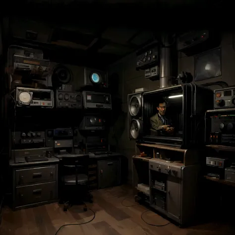 1950's dark control room with only screen and button lights(There is no light on the ceiling)