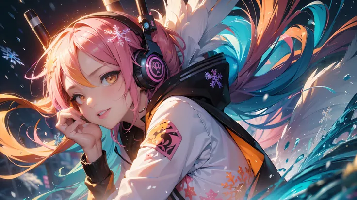 masterpiece, highest quality, 1 Girl, fearless smile, ((cyber punkな背景)), (it&#39;s snowing) (( swirling vortex colorful hair)), cyber punk、Wear a black hoodie, Glowing blue headphones、((Long Hair)), ((Right side)), Emotional faces, close, studio light, stu...