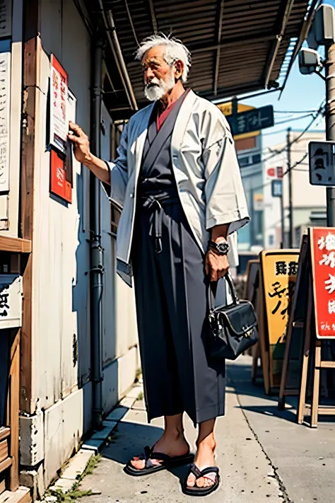 Old man in traditional Japanese clothes，Full body photo of a beggar standing frontally