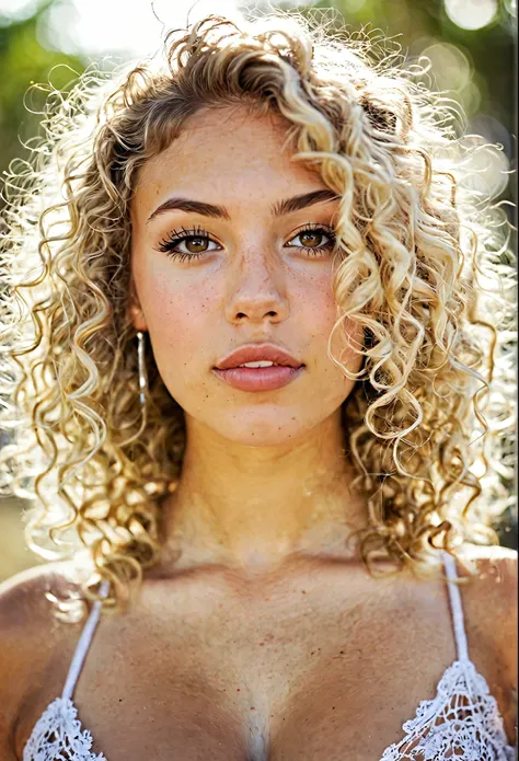 20 year old beautiful, big lips, high cheekbones, playful, mexican and white mixed race, busty, short with light curls, blond  hair, realistic skin texture,  tall and athletic, boho-chic, flawed skin, shot with AONY Aplha A6500 1.4f, bokeh, highly detailed...