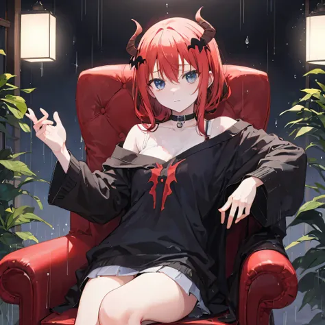 Satanichia Mcdowell in an armchair sitting and posing as if she is thoughtful on a calm night with rain dressed casually 