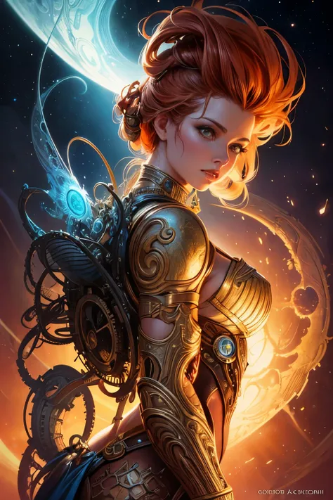 From side,  beautiful woman with on and a sci - fiore, boris vallejo and tom bagshaw, prophet graphic novel, cosmic artifacts, inspired by Earl Norem, deepdream, awarded on cgsociety, looks a bit similar to amy adams, golden turquoise steampunk, anno 2070 ...