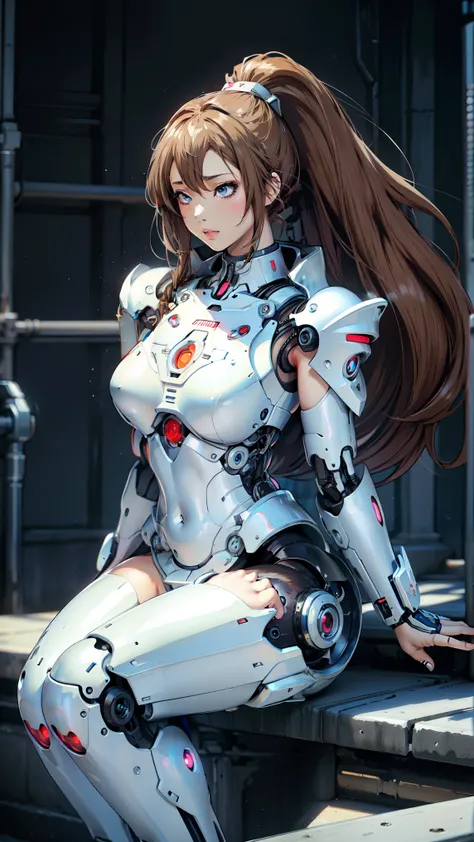 (masterpiece, best quality, ultra high res, beautiful detailed hair detailed face, perfrct feminine face), an anime picture of a woman in a white suit sitting on a stair, an anime drawing inspired by Leiko Ikemura, pixiv, fully robotic!! catgirl, anime man...