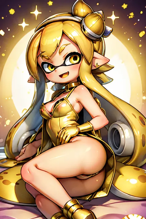 masterpiece、highest quality、3D、real anime、Splatoon Girl、Golden tentacle hair、Big Breasts、Cleavage、golden sexy underwear、golden costume、glowing skin、big and cute eyes、Golden Eyes、shining eyes、Open Mouth Smile、cheek、Lipstick、A lot of gold around her、Golden R...