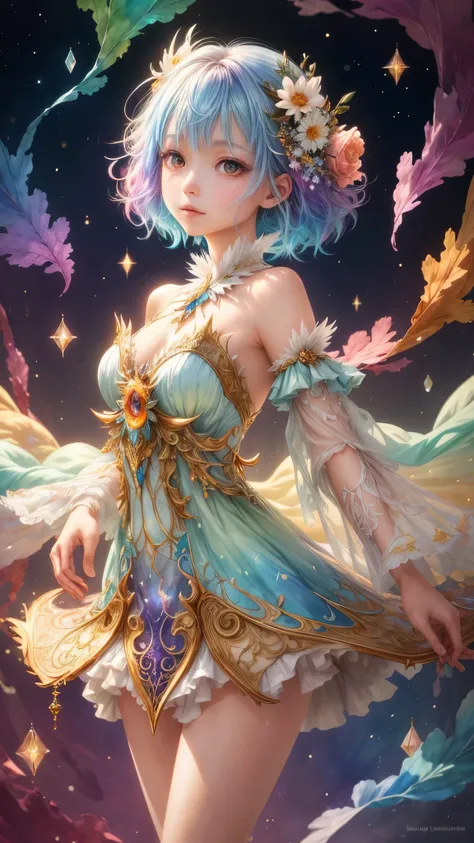 A captivating anime girl gracefully emerges from the pages of a watercolor painting, her vibrant and intricate colors breathing life into the artwork. She wears extraordinary fantasy costumes，Decorated with exquisite details, reflecting the enchanting worl...