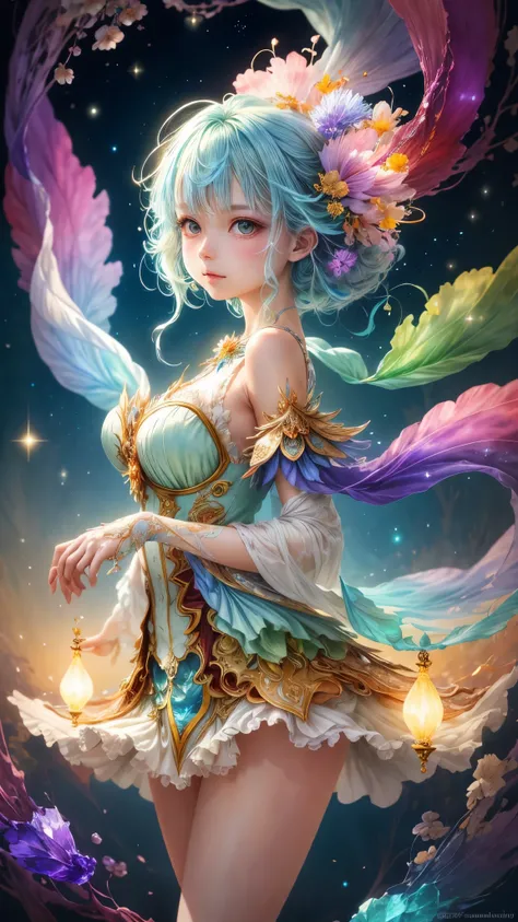 A captivating anime girl gracefully emerges from the pages of a watercolor painting, her vibrant and intricate colors breathing life into the artwork. She wears extraordinary fantasy costumes，Decorated with exquisite details, reflecting the enchanting worl...