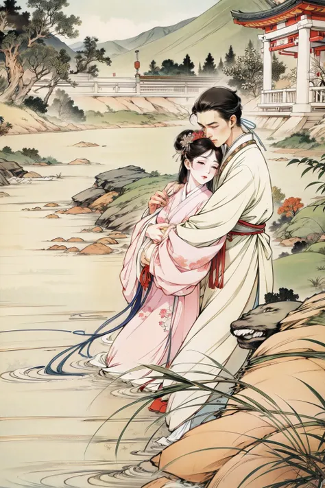 A Japanese woman hugging a man by the river