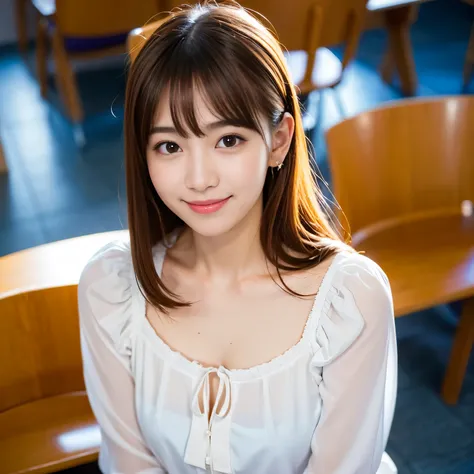 Best-quality, Masterpiece, Ultra-High-Resolution, (Photorealistic:1.4), Raw-Photo, 

from above, front view, in Japanese universitys classroom, 

1girl, the most famous Japanese idol, ((leaning extremely forward)), 

(wearing (white blouse with big-frilled...