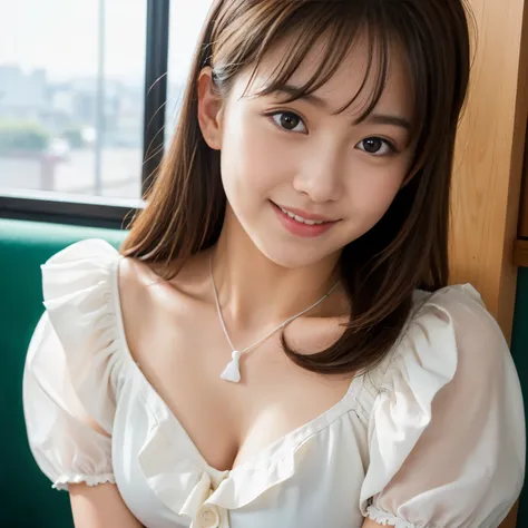 Best-quality, Masterpiece, Ultra-High-Resolution, (Photorealistic:1.4), Raw-Photo, 

from above, front view, in Japanese universitys classroom, 

1girl, the most famous Japanese idol, ((leaning extremely forward)), 

(wearing (white blouse with big-frilled...