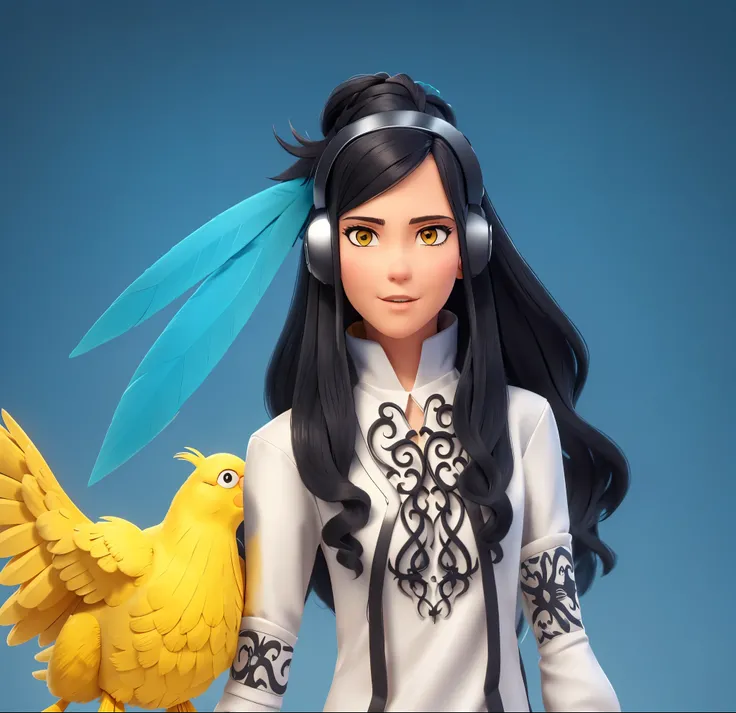 a beautiful woman, long wavy hair, hair bun, dark hair, wearing headset, tucking big bird feathers on her hair, long sleeve, ((black blouse with beautiful motive)), black blouse with blue and yellow decoration