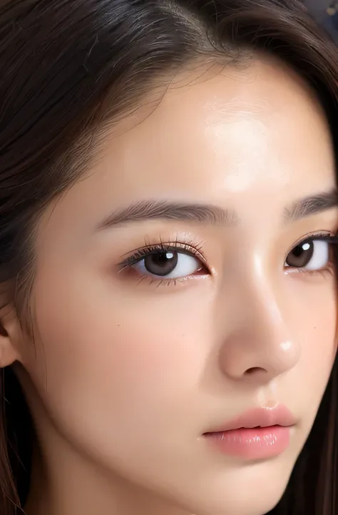 image of one woman、Face close-up、Smooth skin、masterpiece、highest quality、8k photo、（close ~ eye）Sad expression、Troubled expression、please open your mouth a little、(wrinkles at the corners of the eye:1.1),24 year old female、Please bring your face closer to t...