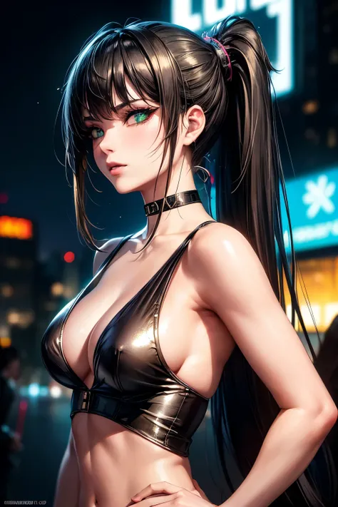 (masterpiece, best quality, 8k, sharp focus, depth of field, best shadows, perfect lights, HDR, realistic skin texture, ultra-detailed background, detailed), anime style, 2 women kissing (one of them has green eyes, white skin, black hair with ponytail, ch...