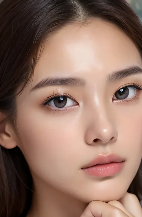 image of one woman、Face close-up、Smooth skin、masterpiece、highest quality、8k photo、（close ~ eye）Sad expression、Troubled expression、please open your mouth、(wrinkles at the corners of the eye:1.1),24 year old female、Please bring your face closer to the audien...