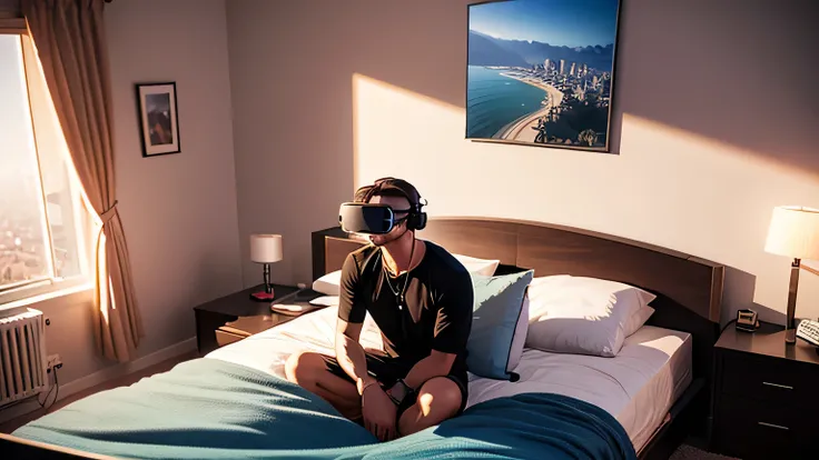 man sitting in his room wearing virtual reality glasses, 8K. hyperrealism