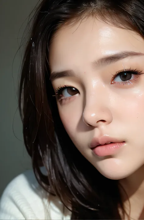image of one woman、Face close-up、Smooth skin、masterpiece、highest quality、8k photo、（close ~ eye）Sad expression、Troubled expression、please open your mouth、(wrinkles at the corners of the eye:1.1),18-year-old female、Please bring your face closer to the audien...
