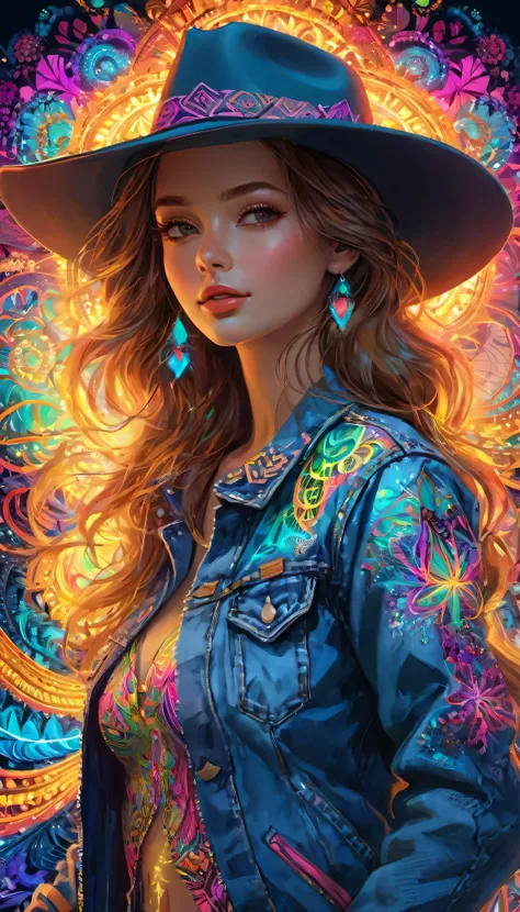 (masterpiece, top quality, best quality, official art, Beautiful and beautiful:1.2), (1 Girl:1.3), Extremely detailed,(fractal art:1.2),rich and colorful,The most detailed,( Zentangle neon light:1.2), (Dynamic poses), (Abstract neon background:1.5), (Cowbo...