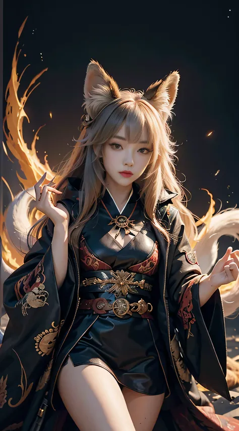 1girl,solo,, official art, unity 8k wallpaper, ultra detailed, beautiful and aesthetic, beautiful, masterpiece, best quality,, Kitsune witch, fox mask, haori jacket, foxfire spell, fox familiar, transformation,