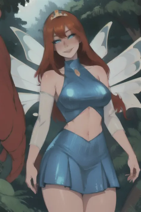 masterpiece, Best quality, ultra detailed, blossom, mother, mature face, high, thick, orange hair, Blue eyes, bang, long hair, Fairy Outfit, blue croptop, without sleeves, blue skirt, Sparkling clothes, fairy wings, a tiara, standing, smile, In the woods, ...