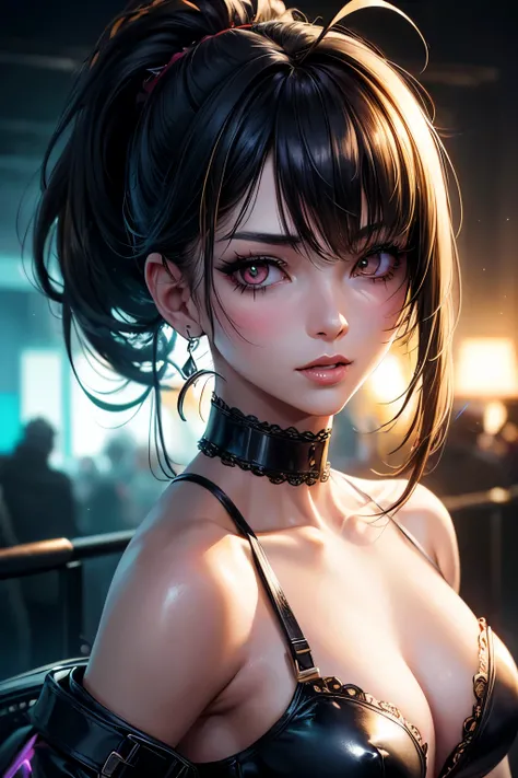 (masterpiece, best quality, 8k, sharp focus, depth of field, best shadows, perfect lights, HDR, realistic skin texture, ultra-detailed background, detailed), anime style,  white skin, black hair with ponytail, tattu, orgasm face, choker, small breasts, sli...