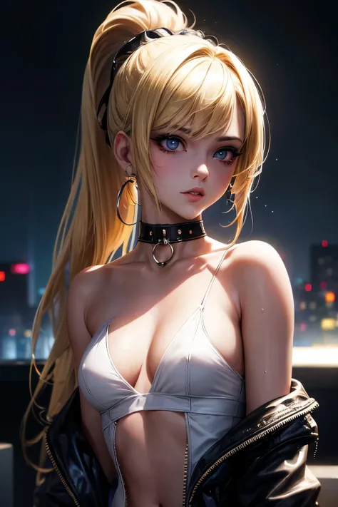 (masterpiece, best quality, 8k, sharp focus, depth of field, best shadows, perfect lights, HDR, realistic skin texture, ultra-detailed background, detailed), anime style,  white skin, black hair with ponytail, tattu, orgasm face, choker, small breasts, sli...